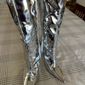 Metallic Silver Stiletto High Heel Knee High Boots Womens Sz 8